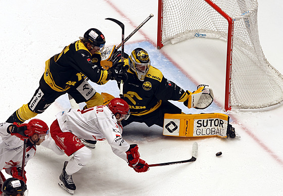 Litvínovský branká Pavel ajan zasahuje ped tineckým útoníkem Ondejem...