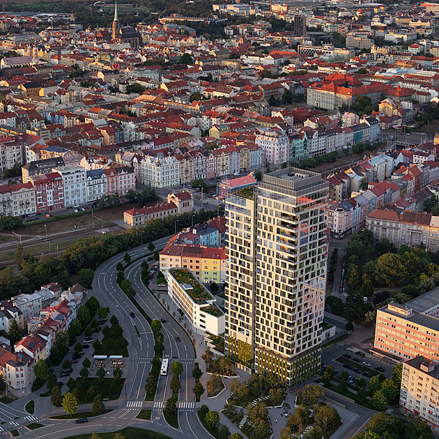 V Plzni má stát do tí let výková budova Sisters se dvma vemi vysokými 94 a...