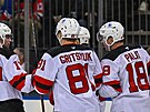 Hokejisté New Jersey se radují z gólu Ond�eje Paláta.
