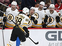 David Pastr�ák (88) slaví gól se spoluhrá�i z Boston Bruins.