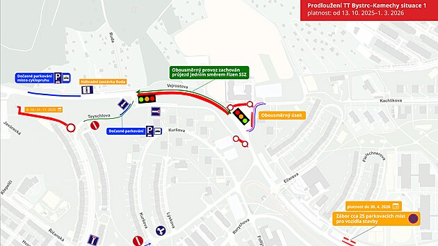 Dopravn omezen v brnnsk Bystrci kvli zanajc stavb prodlouen tramvajov trati na Kamechy. Zmny nastanou od pondl 13. jna. 