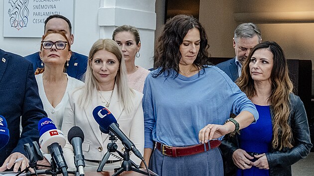 Tiskov� konference po ustavuj�c� sch�zi poslaneck�ho klubu SPD. (7. ��jna 2025)