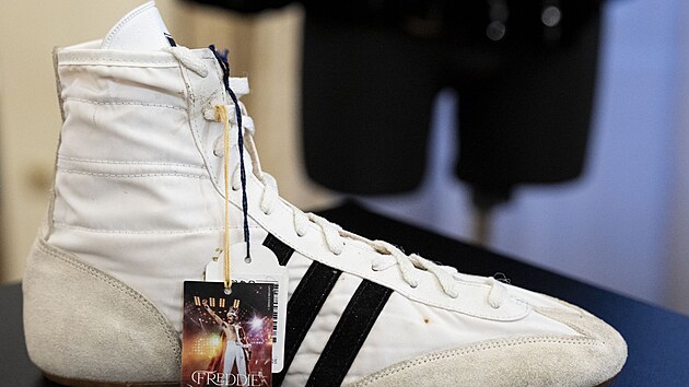 Bota Freddieho Mercuryho na tiskov konferenci k vstav Freddie - The Exhibition