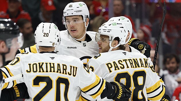 Hokejist Boston Bruins oslavuj trefu Davida Pastrka (88).