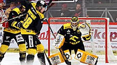 Litvínovský branká Pavel ajan sleduje puk, který na nj letí po stele od...