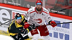 Tinecký obránce Richard Nedomlel, který odehrál 500. extraligové utkání, brání...