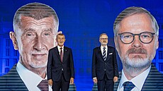 Pedvolební duel Petr Fiala (ODS) a Andrej Babi (ANO) na CNN Prima News (1....
