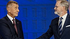 Premiér Petr Fiala (ODS) a lídr hnutí ANO Andrej Babi� p�ed duelem CNN Prima...