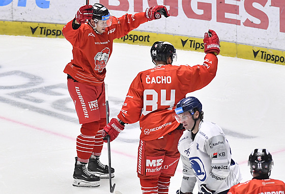 Hokejisté z Olomouce se radují z gólu do sít Plzn.