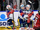 Pardubický obránce Jan Koálek (tetí zleva) slaví se spoluhrái Jakubem...