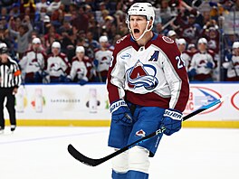 Nathan MacKinnon z Colorado Avalanche slaví gól v utkání s Buffalo Sabres.