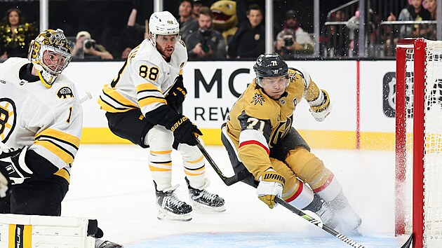 David Pastrk a brank Jeremy Swayman sleduj branku Williama Karlssona.