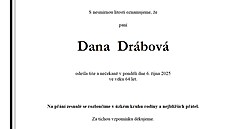 Parte oznamující úmrtí Dany Drábové (12. íjna 2025)