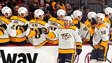 Jonathan Marchessault z Nashville Predators slaví se spoluhrái bhem utkání s...