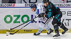 Marek Kalus z Vítkovic steí kotou ped karlovarským Robertsem Mamicsem.