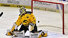 Litvínovský Tomek se marn otáí za kotouem, který míí do jeho brány.