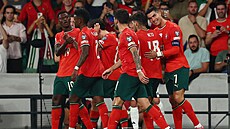Fotbalisté Portugalska slaví trefu Cristiana Ronalda.