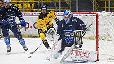 Brnnský branká Jan Kavan zasahuje ped Petrem Koblasou z Litvínova.