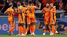 Nizozem�tí fotbalisté se radují z gólu Donyella Malena.