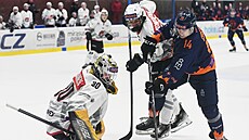 Litomický Kale Costa se snaí procpat puk do branky Oskariho Parviainena z...