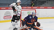 Chomutovský Daniel Badinka se snaí teovat puk za záda brankáe Martina...