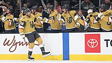 Tomá Hertl slaví s kolegy z Vegas Golden Knights trefu do brány Calgary Flames.
