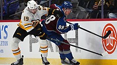 Martin Neas brání puk ped Johnem Beecherem z Bruins.