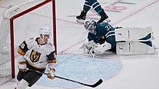 Skleslý Alex Nedeljkovic se zvedá z ledu po hrubé chyb proti Vegas.