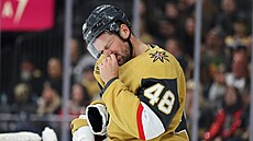 Tomá Hertl s bolestivou grimasou po rán do ruky.