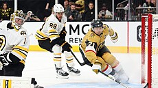 David Pastrák a branká Jeremy Swayman sledují branku Williama Karlssona.