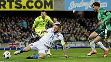 Slovák Milan kriniar se snaí vykopnout mí bhem kvalifikace na mistrovství...