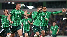 Severní Irsko se radují z gólu bhem kvalifikace na mistrovství svta proti...