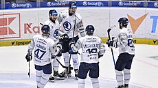 Hokejisté Plzn se radují z gólu do sít Olomouce.