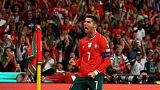 Portugalský útoník Cristiano Ronaldo slaví gól do sít Maarska.