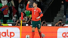 Portugalský útoník Cristiano Ronaldo po gólu do sít Maarska.