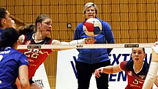 Trenérka Alexandra Dedková sleduje volejbalistky Sokola Frýdek-Místek na hiti.