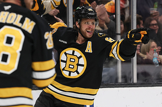 David Pastrák z Boston Bruins slaví trefu proti New York Islanders.