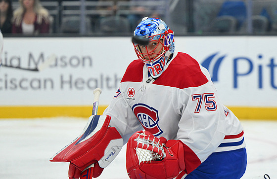Branká Jakub Dobe z Montreal Canadiens pozoruje letící puk v zápase se...