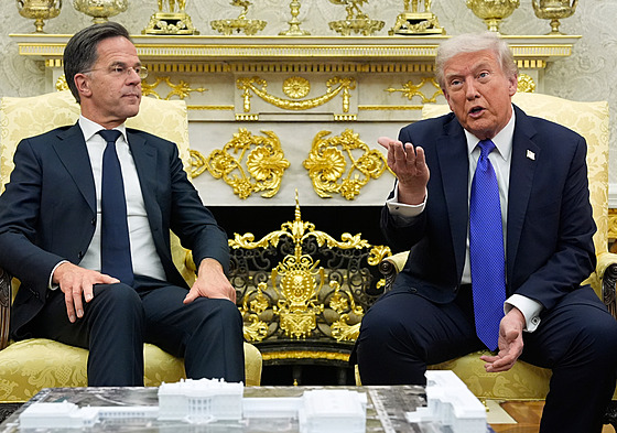 �éf NATO Mark Rutte a americký prezident Donald Trump p�i jednání v Bílém dom�....