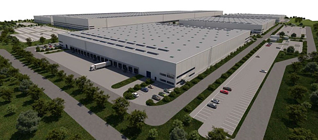 Vizualizace hal plánovaného prmyslového parku Panattoni Smart Park Karviná....