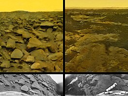 Upravené a dobarvené záb�ry z povrchu Venu�e v porovnání s p�vodn� zachycenými...