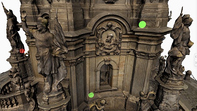 Zobrazen 3D modelu sloupu v prosted webov aplikace (detail). Barevn body reprezentuj msta odbru vzork z kamennch st sloupu. Po kliknut na bod se odbornkm zobraz detailn popis a hodnoty namench hodnot.