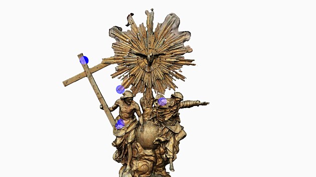 Zobrazen 3D modelu sloupu v prosted webov aplikace (detail).  Modr body reprezentuj msta odbru vzork ze zlacench st. Po kliknut na bod bude mon zobrazit detailn popis a hodnoty namench hodnot.