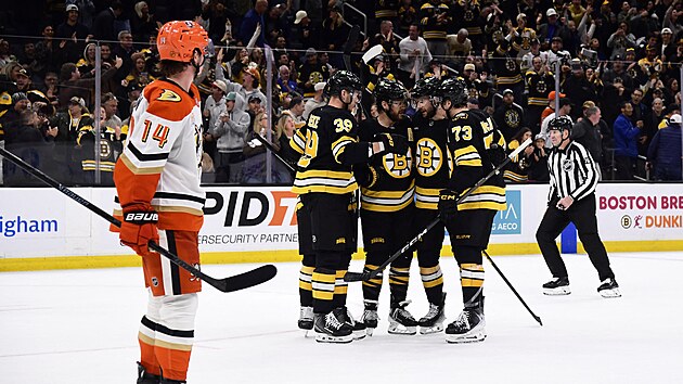 Hokejist� Boston Bruins slav� g�l Davida Pastr��ka proti Anaheim Ducks.