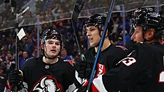 Ji�í Kulich slaví se spoluhrá�i sv�j gól. Vlevo je Zach Benson, vpravo Zach...