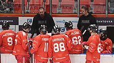 Zleva asistent trenéra Petr Svoboda a trenér Róbert Petrovický rozmlouvají s...