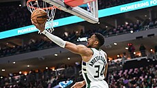 Janis Adetokunbo z Milwaukee Bucks zakon�uje v zápase s New York Knicks.