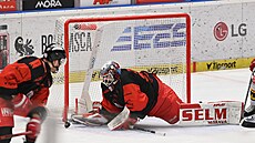 Olomoucký branká Oldich Cicho pedvádí zákrok v zápase s Pardubicemi.