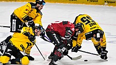 Jan Eberle ze Sparty bojuje o puk s Jaroslavem Bro�em z Litvínova.