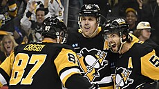 SEHRANÁ PARTA. Útoníci Sidney Crosby (87) a Jevgenij Malkin (71) s obráncem...